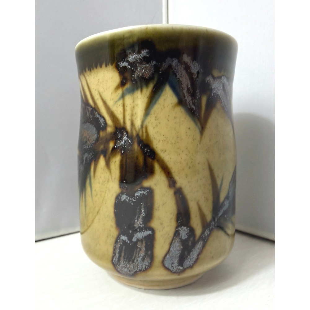 Japanese Yunomi Tea Cup Tan Brown Drip Glaze Bamboo